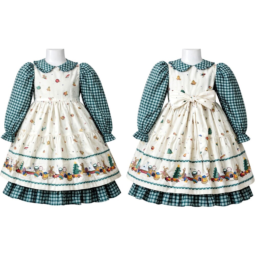 Daisy Kingdom  2 Piece Dress PINAFORE Girls 4 Green Plaid Christmas Factory VTG